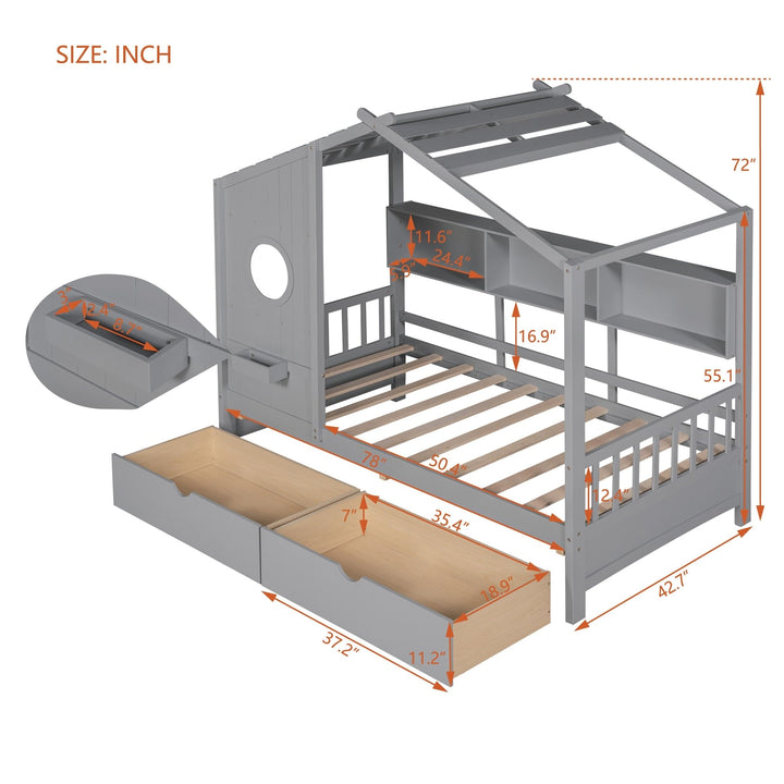 Wooden Twin Size House Bed with 2 Drawers Kids Storage Shelf Grey