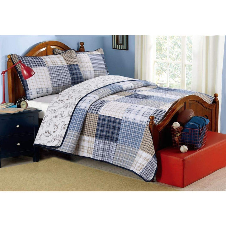 I/M 3 Piece Blue White Plaid Kids King Quilt Set, Cabin Lodge Stripe Theme Bedding, Checkered Squares Check Lumberjack Rugby Stripes Pattern Tartan Madras Patchwork Reversible Dinosaur, Cotton