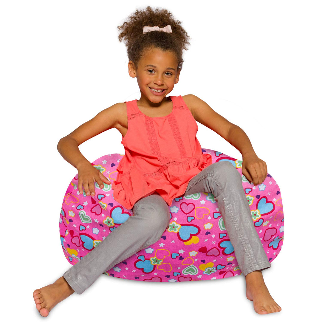 Posh Creations Bean Bag Chair for Kids, Teens, and Adults Includes Removable and Machine Washable Cover, Canvas Multi-Colored Hearts on Pink, 27in - Medium