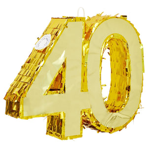 Gold Foil Number 40 Pinata for 40th Birthday Party Decorations Centerpieces Anniversary Celebrations (Small 16.5 X 13 in) Wood