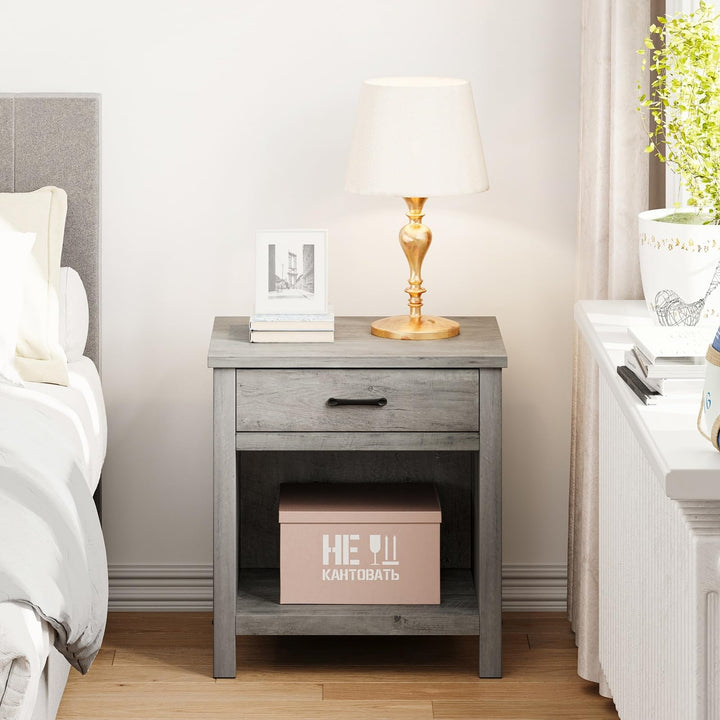 Farmhouse Square Nightstand Bedside Table End for Bedroom/Living Room Grey Vintage Rectangular Wood Metal Finish Solid