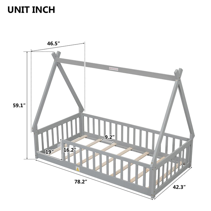 Twin Size Bed Kids Floor with Safety Guardrails Grey Mid-Century