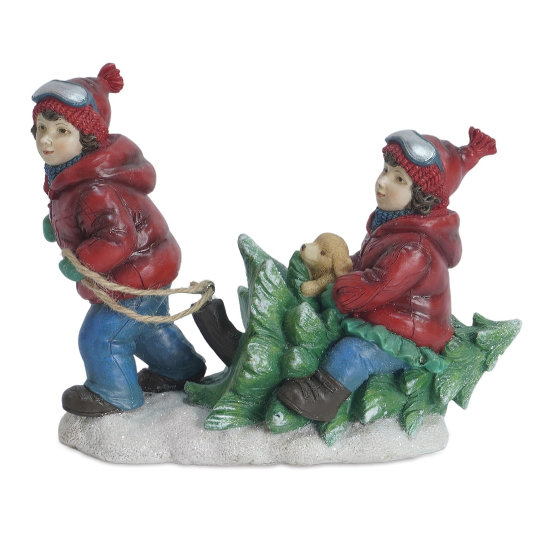 Holiday Children with Tree and Dog Figurine (Set of 2) Polyresin