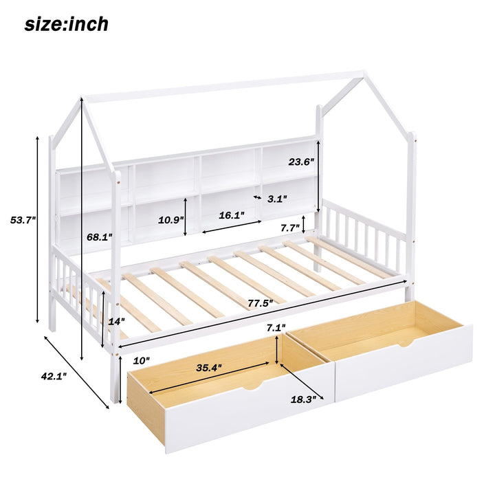 Wooden Twin Size House Bed with 2 Drawers Kids Storage Shelf White