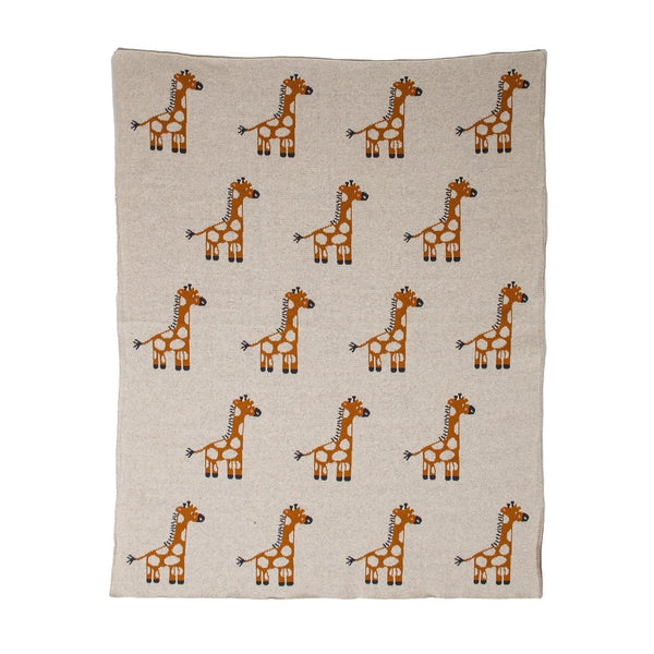 Ivory Giraffe Knitted Baby Blanket Off/White Animal Print Modern Contemporary Cotton