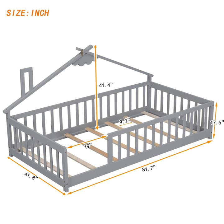 Twin Size Bed Kids House Frame Floor Platform with Fence Guardrails