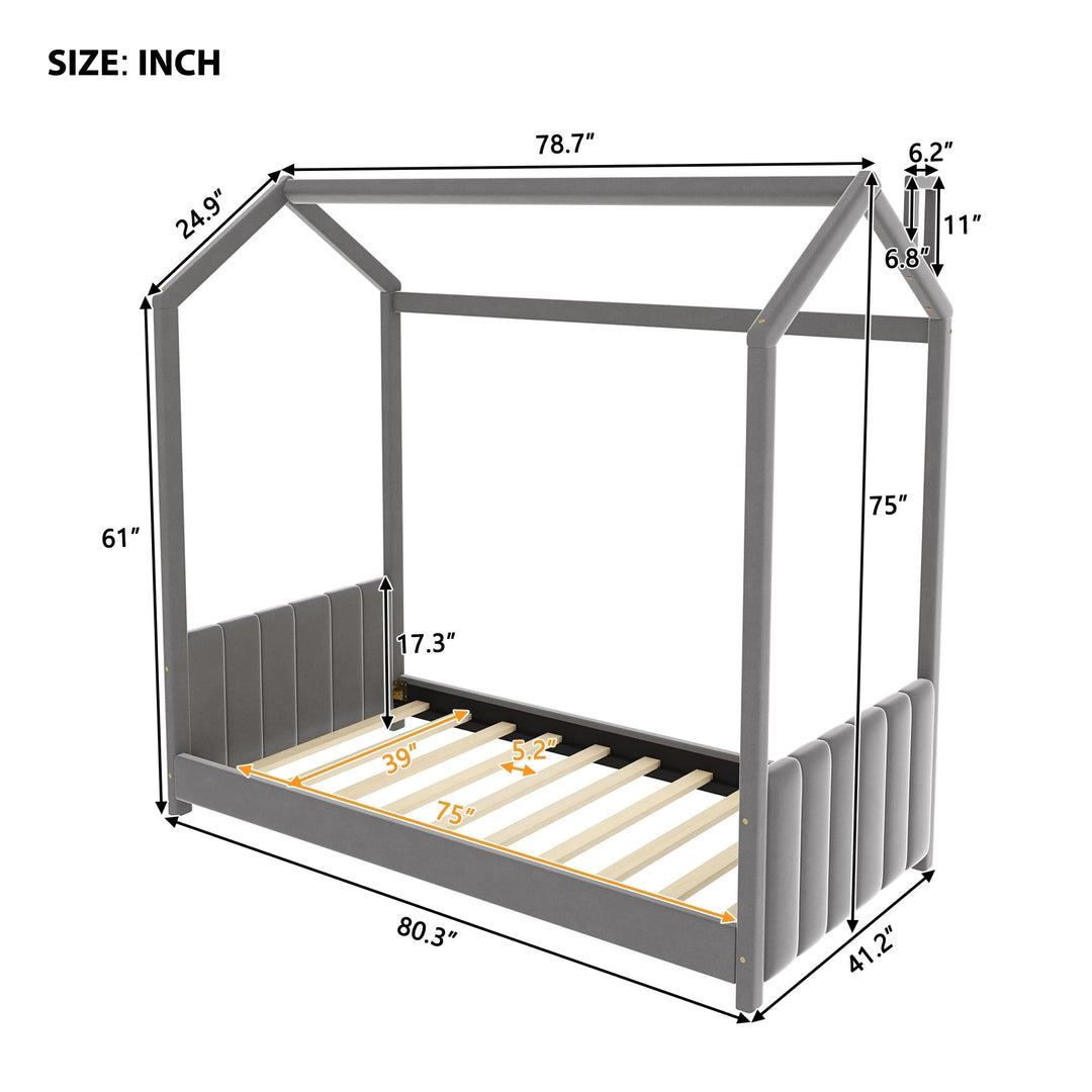 Twin Size House Bed Kids Grey Mid-Century Modern Contemporary