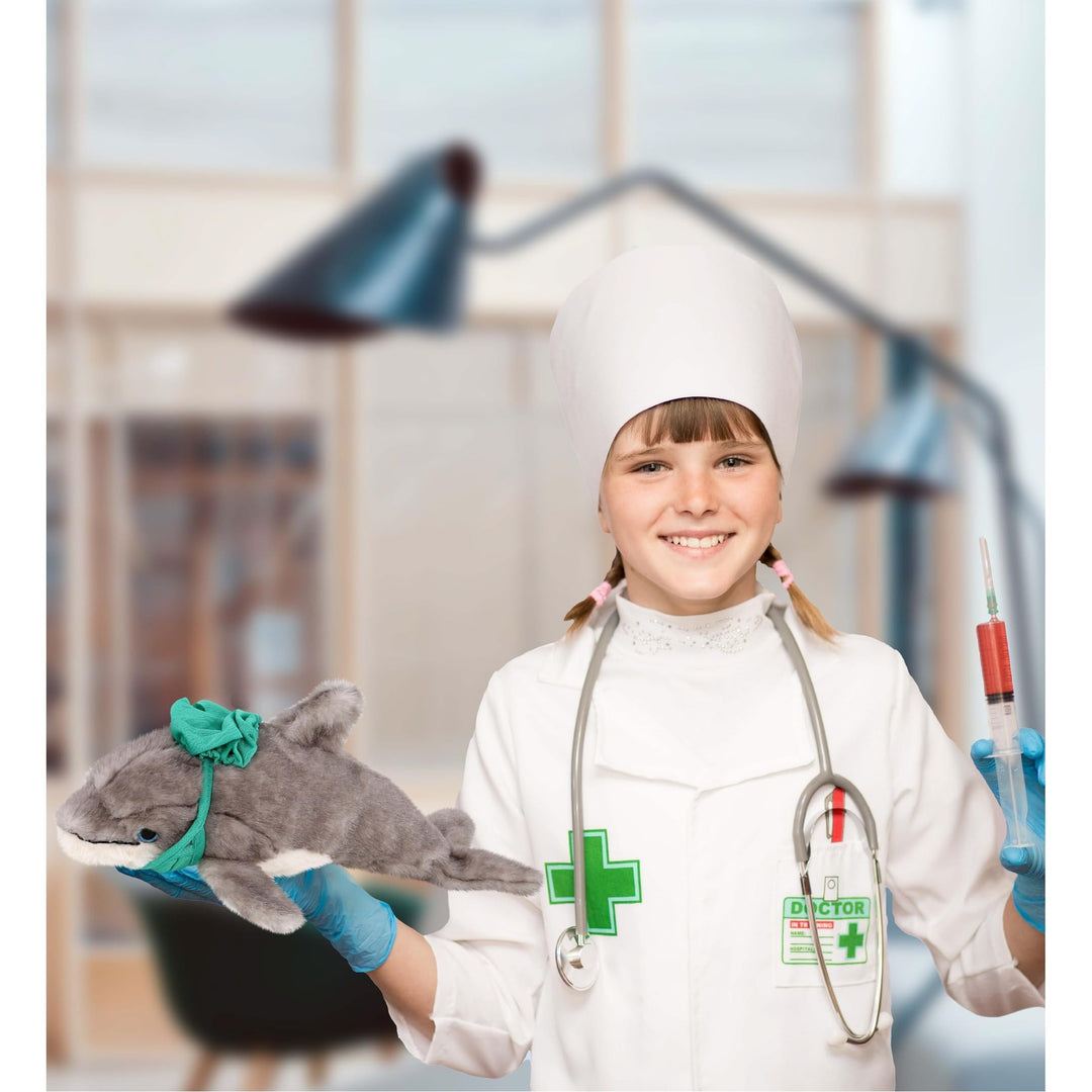 Grey Dolphin Doctor Plush Toy with Cute Scrub Uniform and Cap 12.5