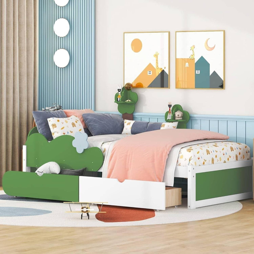 Twin Size Bed Frame with Grass Hill and Storage Drawers for Kids Green Modern Contemporary Wood Polished Headboard Included