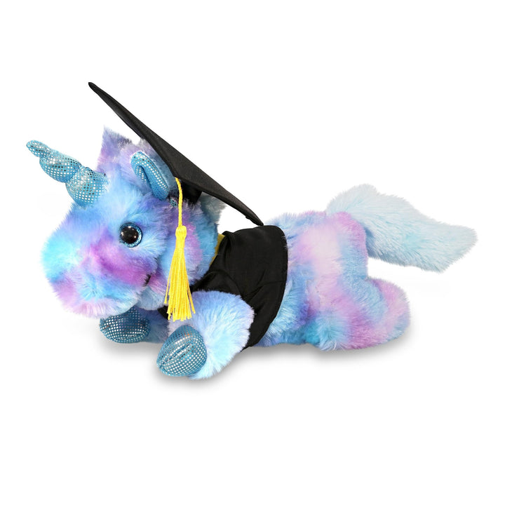 Friday Blue Unicorn Graduation Plush Toy with Gown and Cap 10.5 Inches Black Polyester