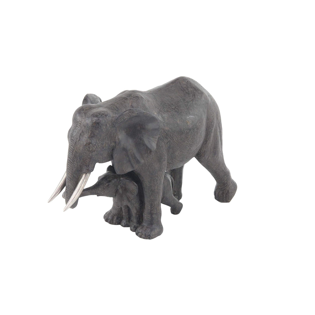 Rustic Polystone Mother and Child Standing Elephant Figure Brown