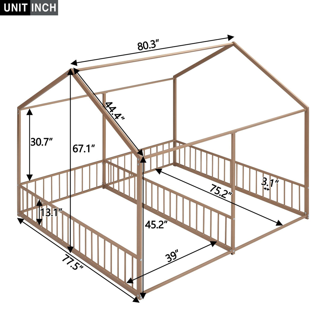 Twin House Platform Beds for 2 Kids Double Shared Size Metal Floor Bed Frame Boys Girls Can Be Decorated Tent Gold Modern Contemporary Includes Hardware