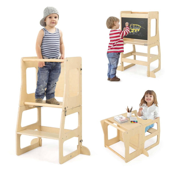 3 in 1 Convertible Kitchen Step Stool Toddler Tower Table Chair Set Brown Wood