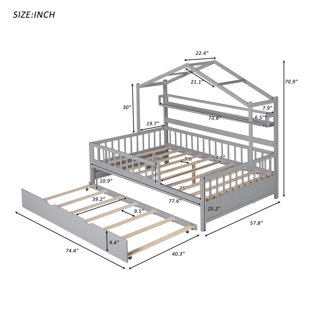 Modern Full Size House Bed Kids with Twin Trundle and Shelf