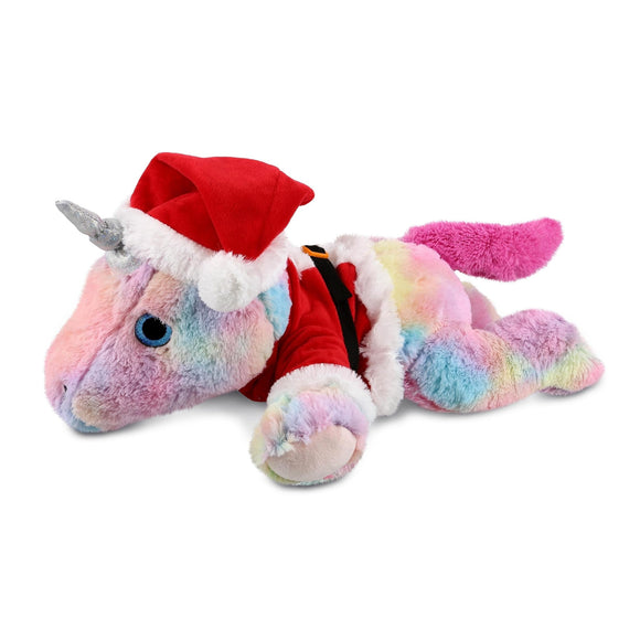 Santa Lying Rainbow Unicorn Stuffed Animal with Outfit 16 Inches Multi Color Polyester