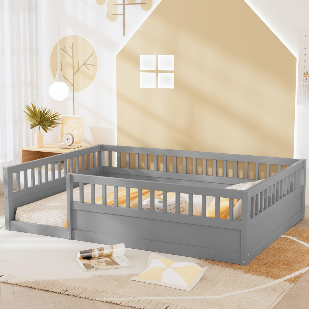 Full Size Wood Kids Floor Beds Frame with Fence and High Guardrails