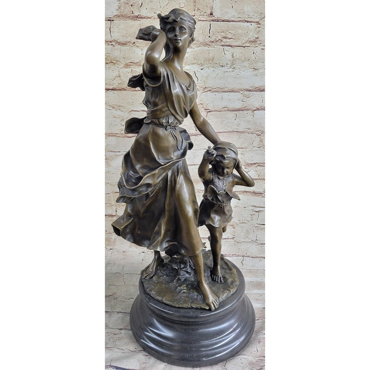 Mother Child Bronze Statue Sculpture Vintage Brown Finish