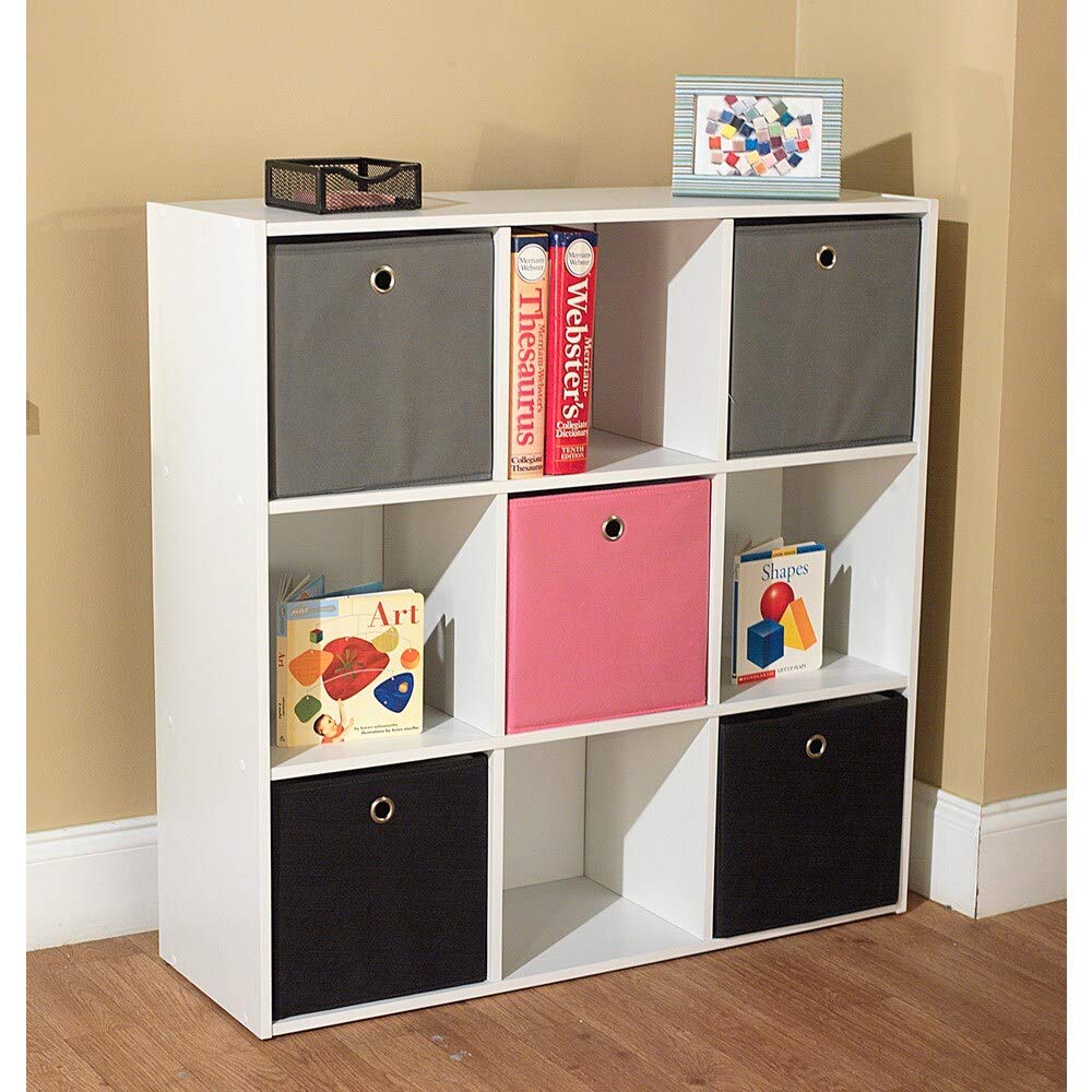 Jolie' White Bookcase with Five Fabric Colorful Store Books, Toys Bins - Pink Black Grey by Simple Living