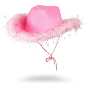 Hot Pink Cowboy Hat With Feathers For Women Fluffy Halloween Costume Birthday Bachelorette Party Fabric