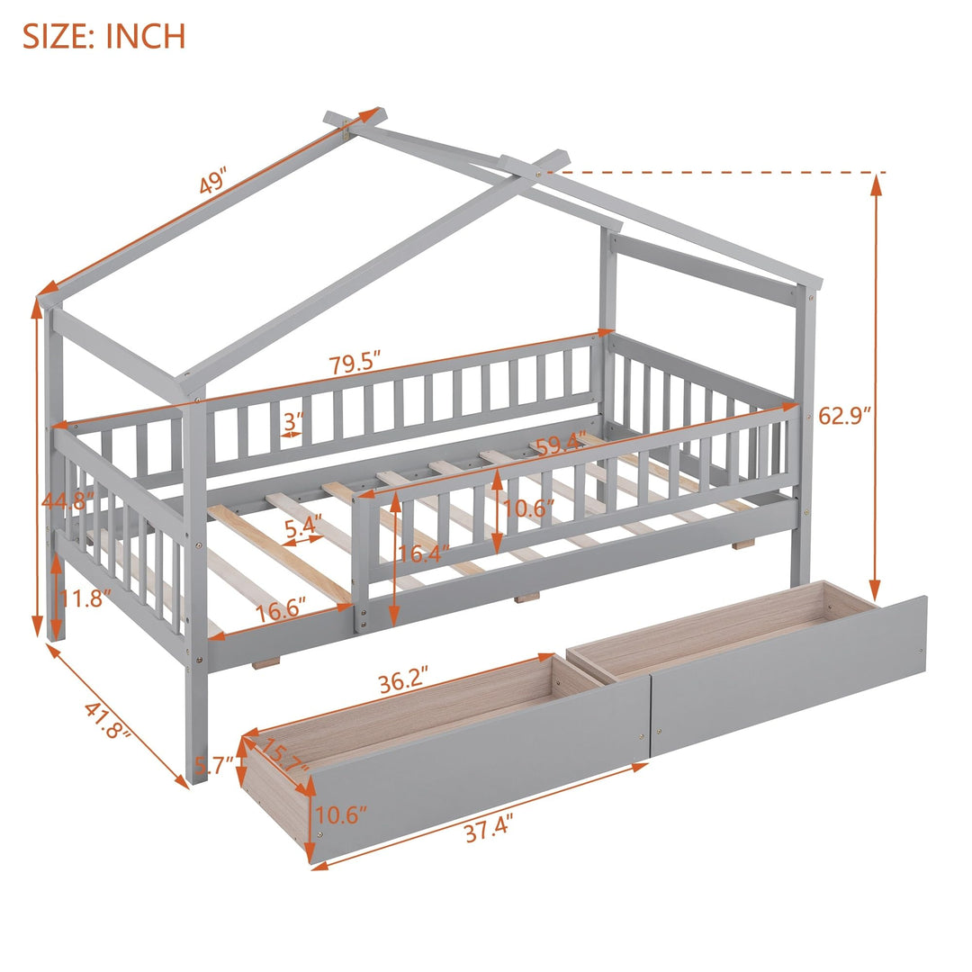 Elegant Design Twin Size Daybed Wood Bed Kids with Two Drawers Grey