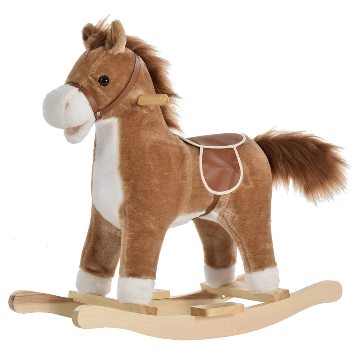 Rocking Horse Plush Animal On Wooden Rockers Baby Chair with Sounds Moving Mouth Wagging Tail Brown Velvet Childproof Closure