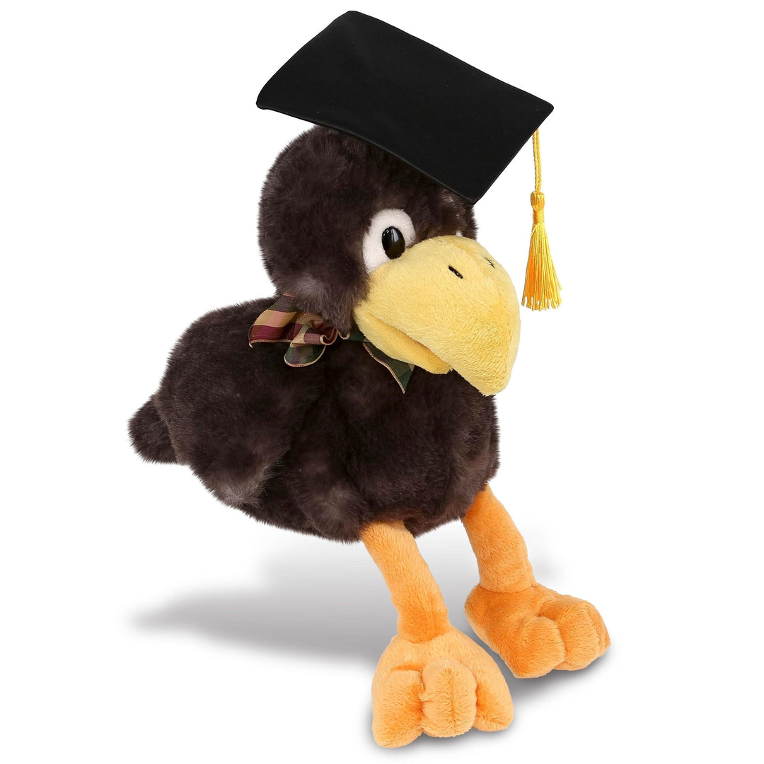 Sitting Crow Graduation Plush with Gown and Cap Tassel 9.5 Inches Black Orange Yellow Polyester