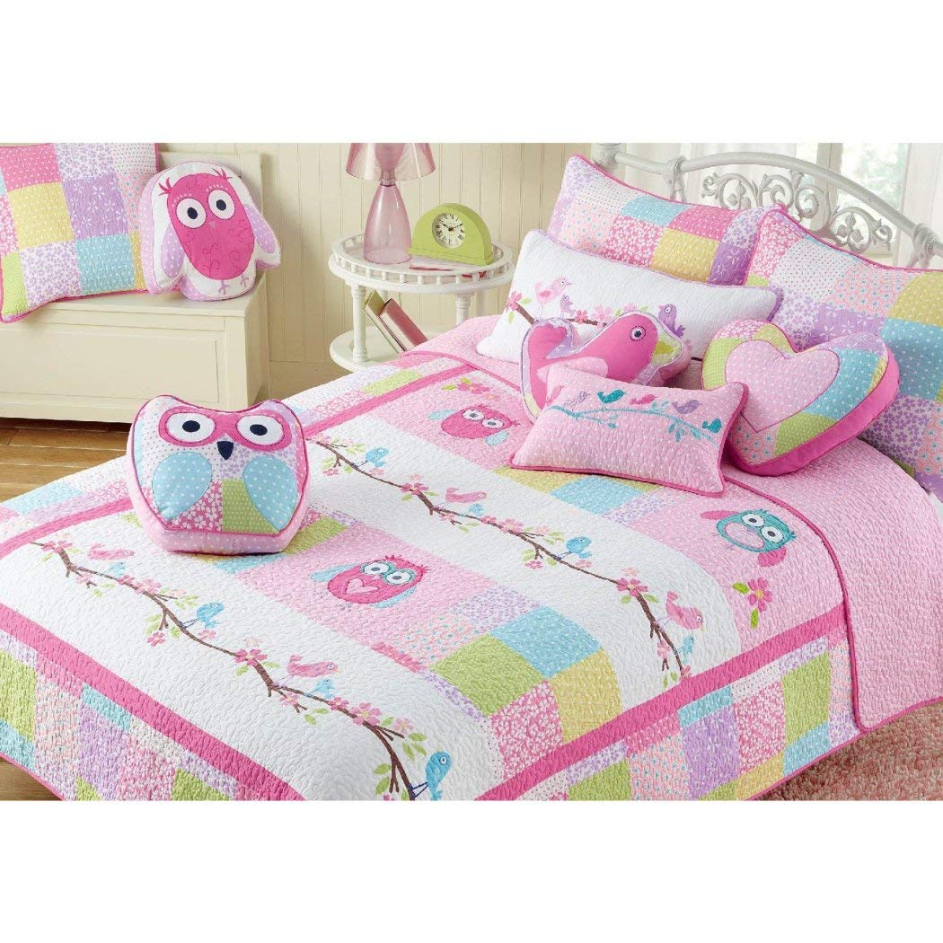 Kids Girls Pink Owl Theme Twin Quilt Set, Adorable Animal Print Bedding, Nocturnal Birds Pink White Green Floral Pattern Flowers Horizontal Stripes Dancing Owls Contemporary, Polyester