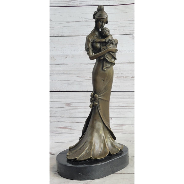 Mother Holding Baby Child Bronze Statue Sculpture Figure Original 14 Inches X 7 Brown Finish Handmade