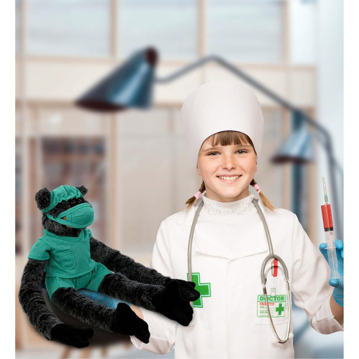 Long Arms Black Bear Doctor Plush Toy with Scrub Uniform Cap 21 Inches