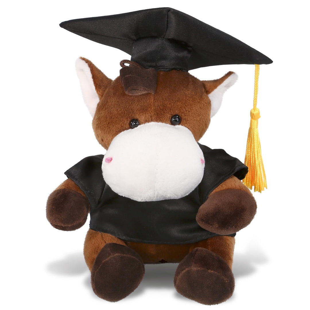 Horse Graduation Plush Toy with Gown and Cap Tassel 6 Inches Black Brown Yellow Polyester