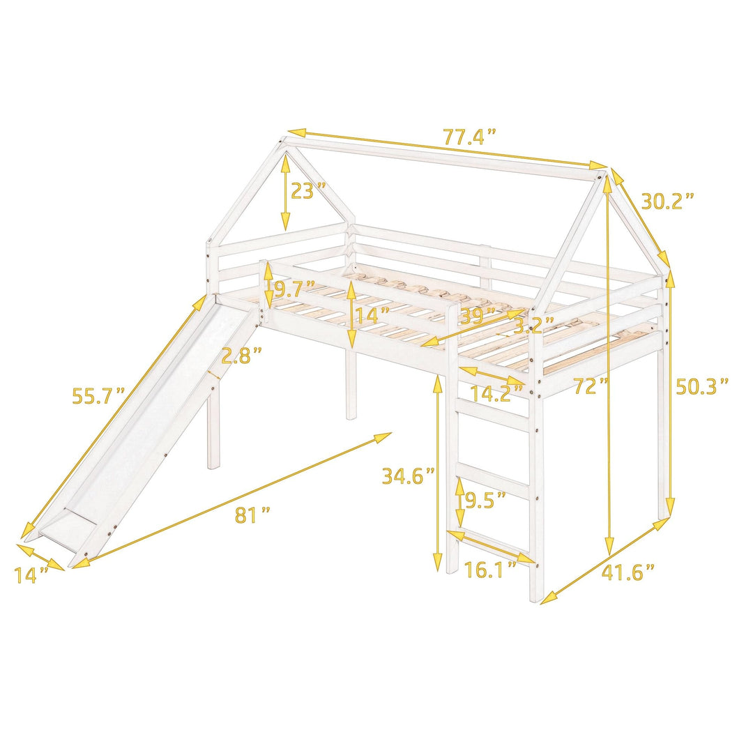 Wood Twin Size Loft Bed with Slide Ladder Solid Loftbeds Frame