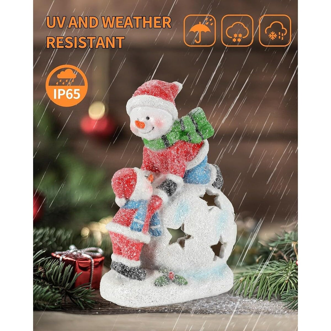 Snowman and Child Christmas Ornament Resin Figurine with Led Light Red