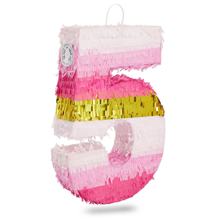 Small Pink And Gold Foil Number 5 Pinata For Kids 5th Birthday Party Decorations (16.5 X 11.6 In) Wood