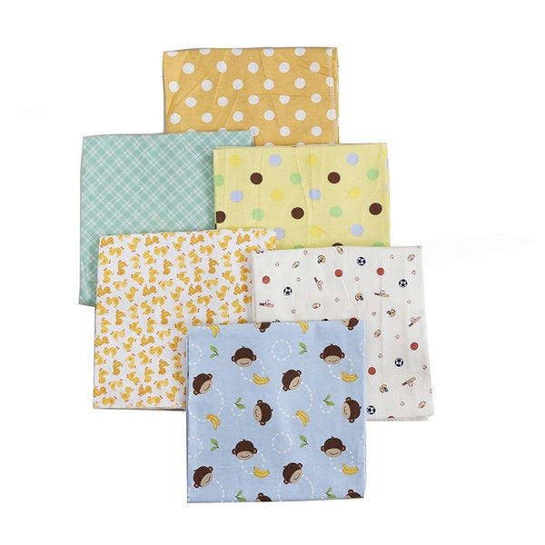 6-Pack Unisex Baby Cotton Flannel Receiving Blankets - N/a Blue Green Yellow Animal Print Neutral Animals Sports