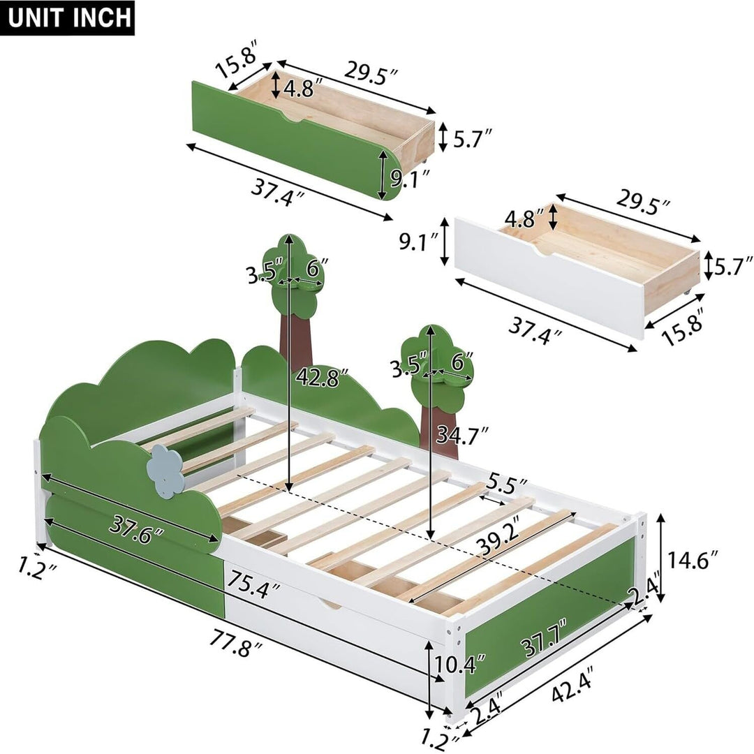 Twin Size Bed Frame with Grass Hill and Storage Drawers for Kids Green