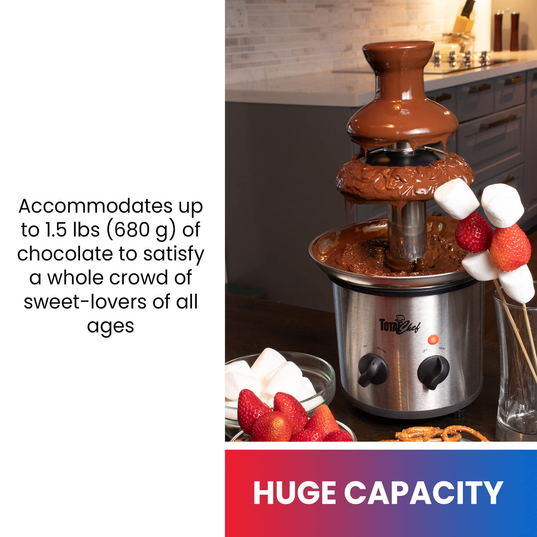 Total Chef 3 Tier Electric Chocolate Fondue Fountain Machine | Huge 1.5 Lbs Capacity | Adjustable Temperature | for Party Buffet Gathering | Dip Strawberries Apple Wedges and More | Stainless Still