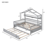 Wooden Full Size House Bed with Twin Trundle Kids Shelf Grey