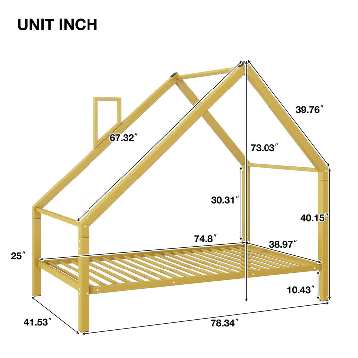 Twin Metal House Platform Bed with Roof and Chimney Frame Under-Bed