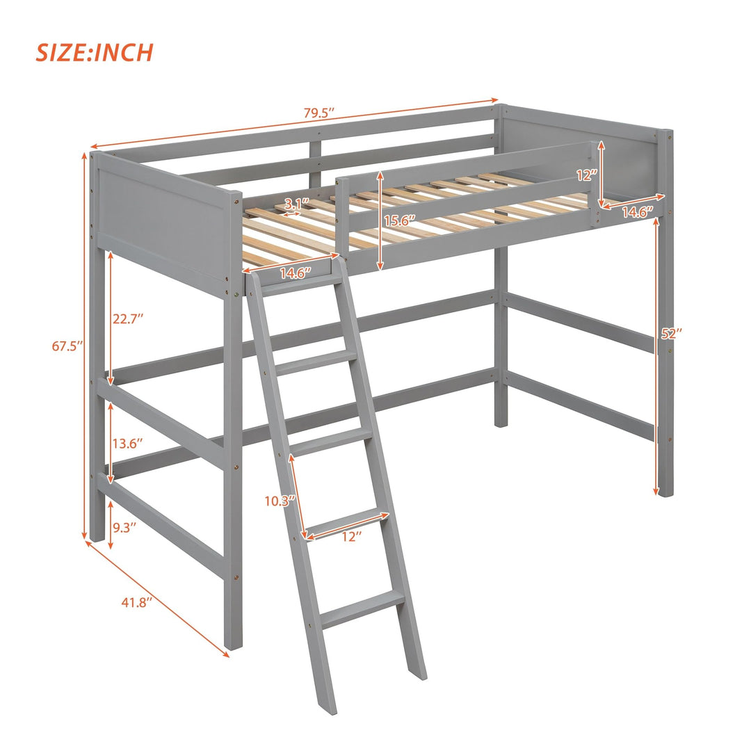 Wooden Loft Bed Twin Size Solid Wood High Frame with Ladder Safety