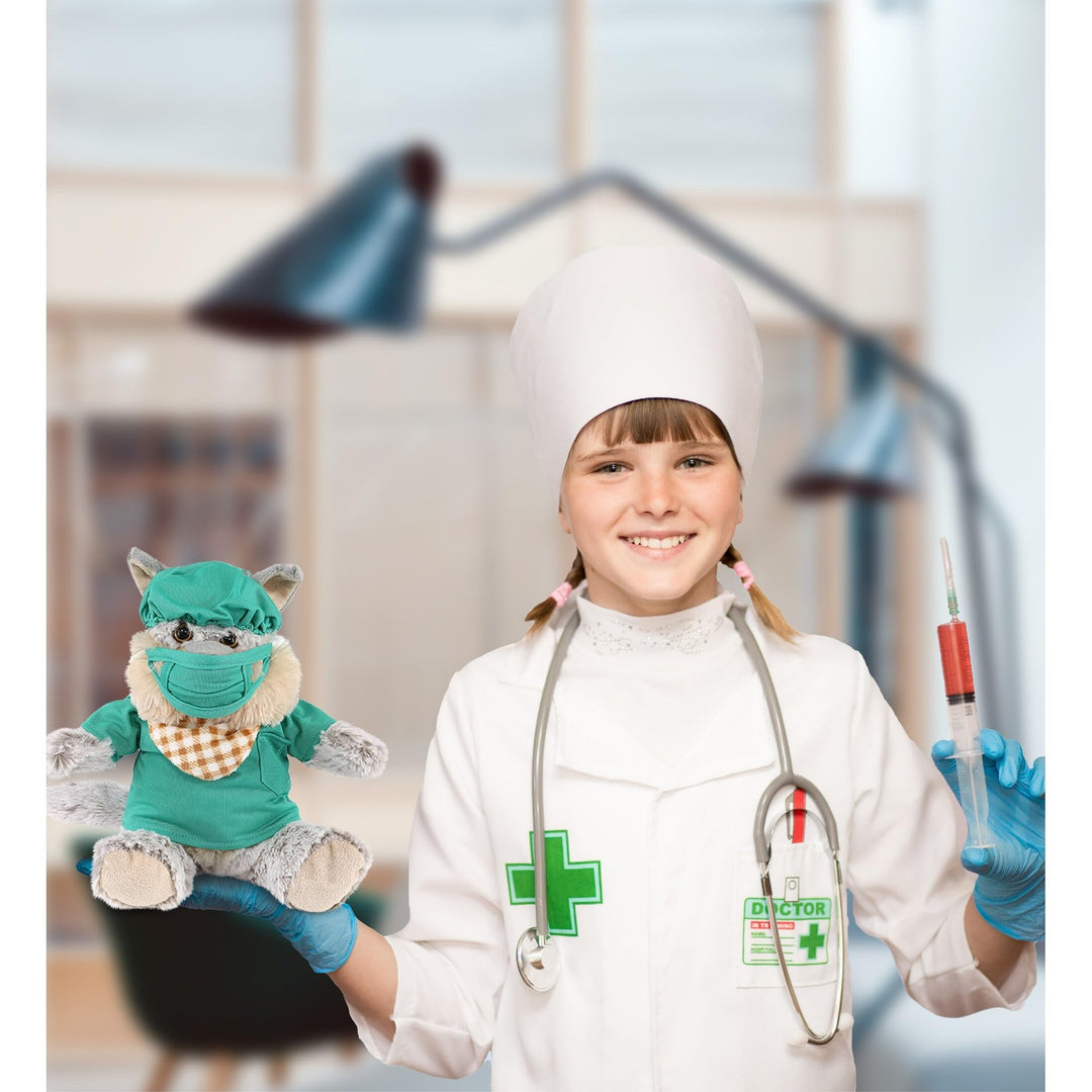 Sitting Wolf Doctor Plush Toy with Cute Scrub Uniform and Cap 9 Inches