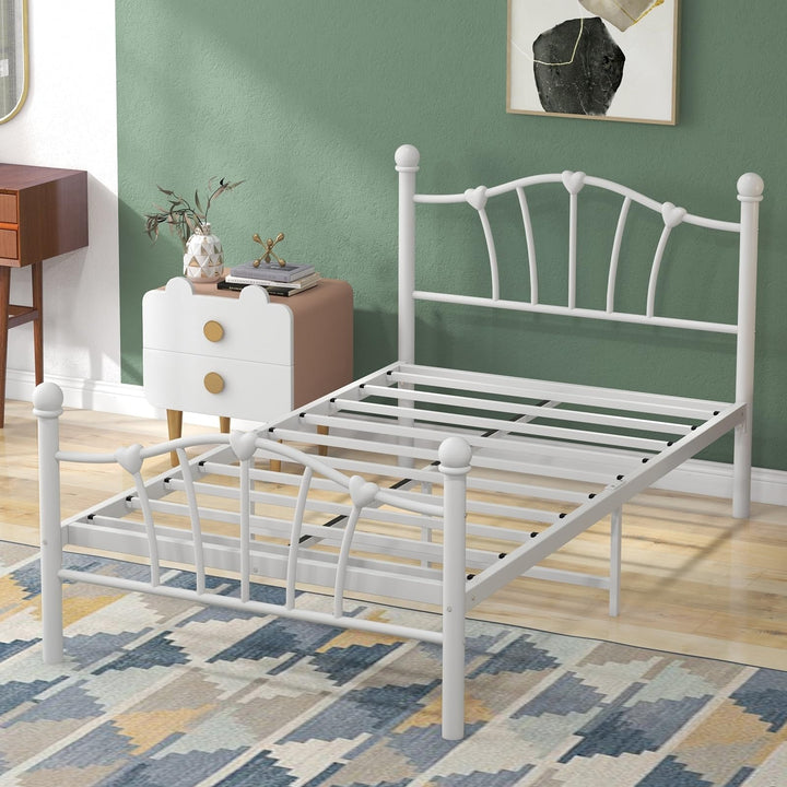 Twin Bed Frame for Kids with Heart Shaped Headboard and Tailboard No Spring Box Needed White Modern Contemporary Metal