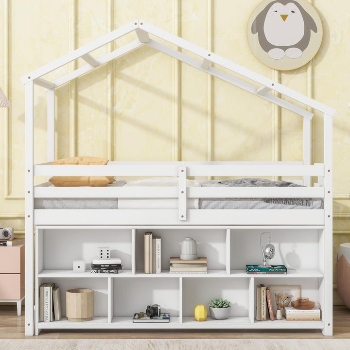 Twin Size Pine Wood House-Shaped Loft Bed with Roof Frame Kids Storage