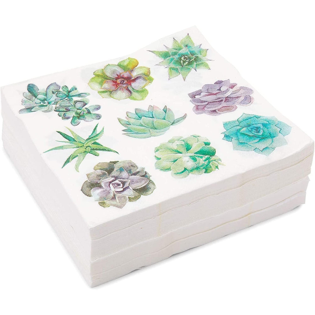 Succulent Paper Napkins for Birthday Party (6.5 in Pack) White Floral Square Bamboo