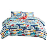 Blue Sharks Fish Sea Life Kids Comforter Set Embroidery Soft Bedding