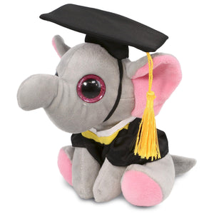 Sparkle Eyes Elephant Graduation Plush Toy with Gown and Cap 6 Inches Black Grey Pink Polyester