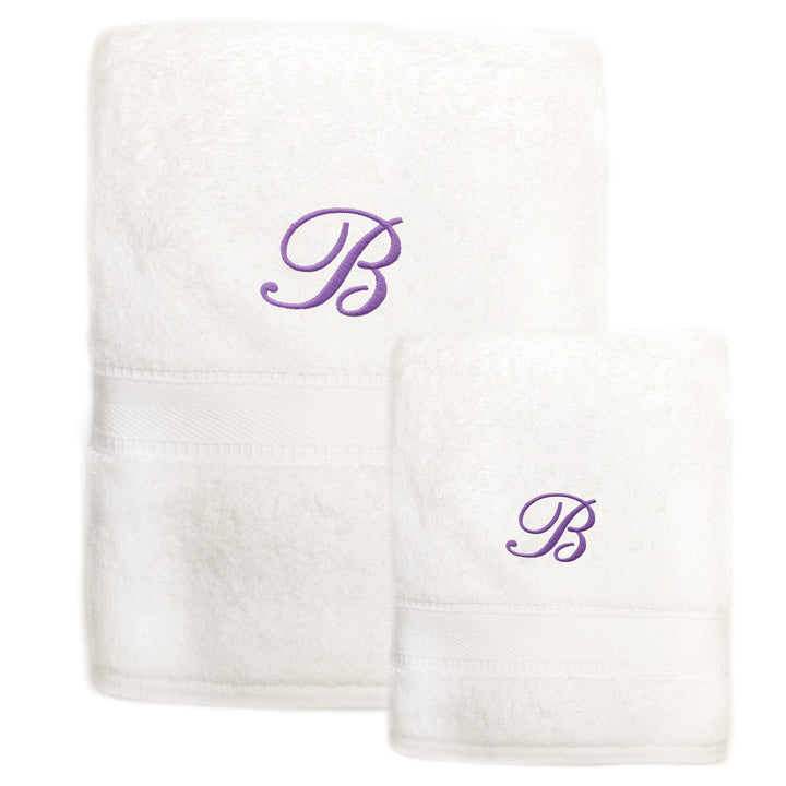 Authentic Hotel and Spa Sweet Kids 2-Piece White Turkish Cotton Bath and Hand Towel Set with Lavender Purple Monogrammed Initial White/Purple z