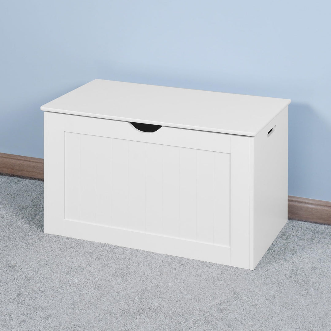 White Lift Top Entryway Storage Cabinet with 2 Safety Hinge Wooden Toy Box Mid-Century Modern Rectangular MDF