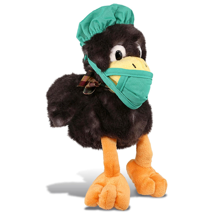 Sitting Crow Doctor Plush Toy with Cute Scrub Uniform and Cap 9.5 Inches Black Green Orange Polyester