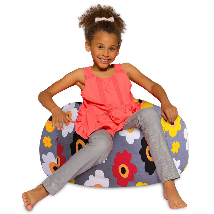 Posh Creations Bean Bag Chair for Kids, Teens, and Adults Includes Removable and Machine Washable Cover, 27in - Medium, Canvas Multi-Colored Flowers on Gray