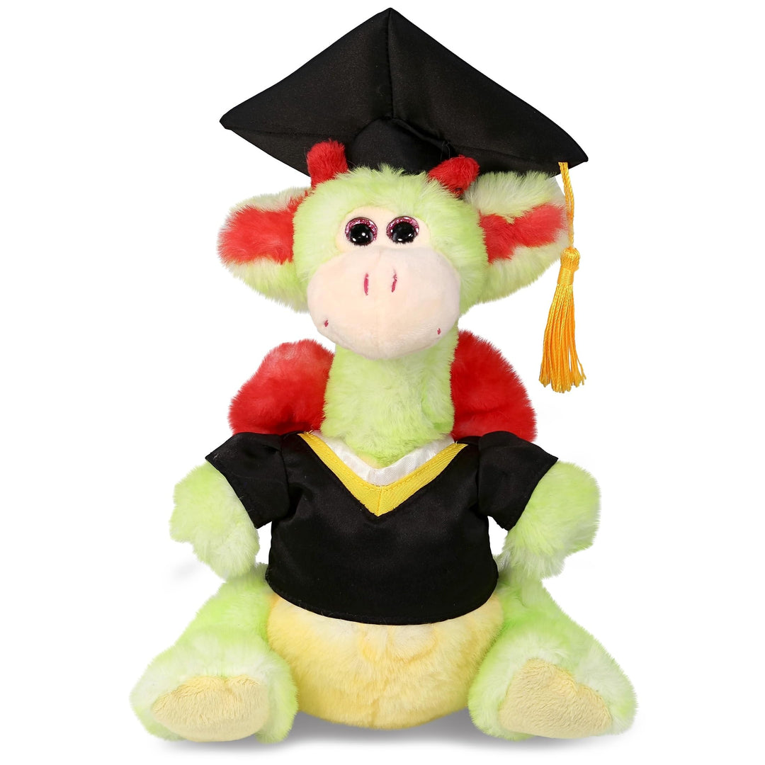 Dragon Graduation Plush Toy with Gown and Cap Tassel 8 Inches Black Green Red Polyester